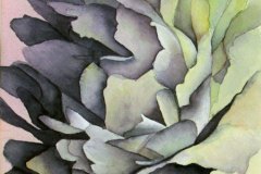 08, upclose petals of a peony flower rendered with a grenn, lavender and yellow watercolor wash