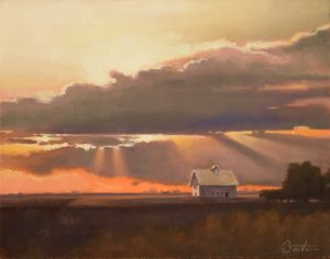 sunset landscape with white house and meadow
