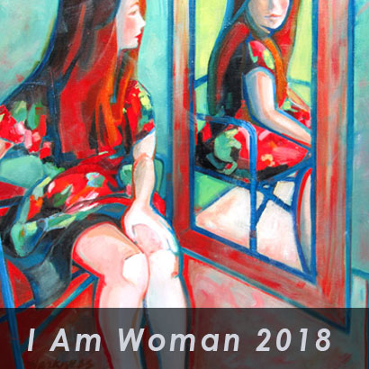 i am woman in front of painted portrait of woman looking in a mirror