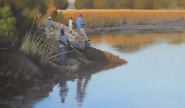 men fishing painted in oil