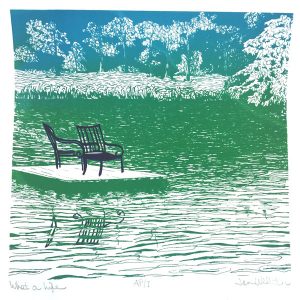 July calendar page silkscreen of chairs on pier at lake