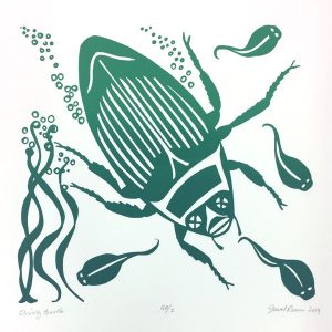 September calendar page silkscreen of green diving beetle