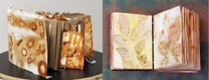 samples of book art for demo at southern arts society: Deborah Rogers Eco Print and Janet Kaufman Rust Book