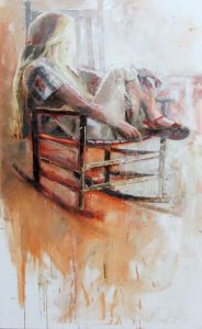 Woman with long blond hair in a rocking chair painted in oil by Anne Harkness