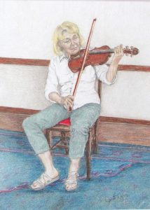 Woman playng a fiddle drawin in colored pencil by Janey Dyer