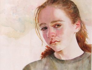 Young girl with auburn hair painted on watercolor by Lynn Schilling