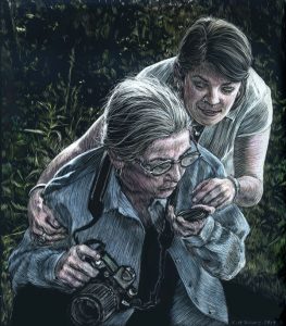 Girl leaning over as mother adjusts her photo lens rendered in scratchboard and color inks by Lori McAdams