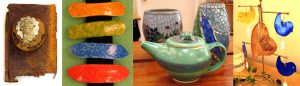 distressed metalwork hair baretts with gourds pieces green pottery teapot and ceramic birds