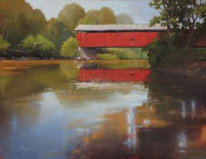 red covered barn over gently flowing river painted in oil by Todd Baxter