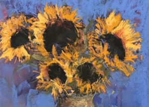 golden sunflowers rendered in pastel by artist Anne Strutz
