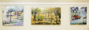 3 landscapes by 2 paintings by artist Anne Harkeness of a bend in the road, a late afternoon street scene and midday commuter street scene