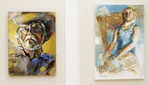 2 paintings by abstract painting presented on a pedestal artist Anne Harkeness of an older man and a young man