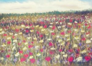 yellow and magenta flowers in afield rendered in pastel by artist Ron Shapard