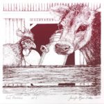 Cow and rooster image by Jennifer Kirton on January page of 2020 hand-printed Southern Arts Society working animals themed 2020 calendar