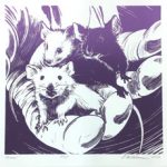 3 lab mice image by Lori McAdams on February page of 2020 hand-printed Southern Arts Society working animals themed 2020 calendar