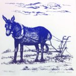 Donkey image by Shirley Brutko on March page of 2020 hand-printed Southern Arts Society working animals themed 2020 calendar