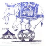 Circus elephant on ball image by Terry Ratchford on July page of 2020 hand-printed Southern Arts Society working animals themed 2020 calendar