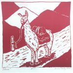 Llama image by Suzie Neely on August page of 2020 hand-printed Southern Arts Society working animals themed 2020 calendar