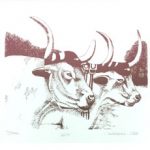 2 oxen image by Jan Wellborn for September page of 2020 hand-printed Southern Arts Society working animals themed 2020 calendar