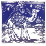 Peace on Earth camel image by Jackie Lane on December page of 2020 hand-printed Southern Arts Society working animals themed 2020 calendar