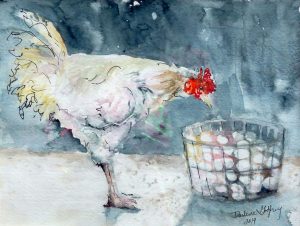 watercolor of rooster by artist Darlene Godfrey