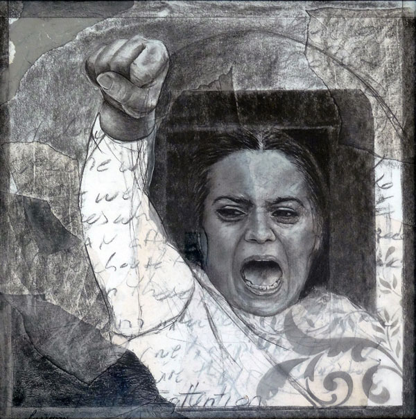 Charcoal drawing and collage by Laura Sussman Randall in the I Am Woman 2020 exhibit at Southern Arts Society in Kings Mtn NC.