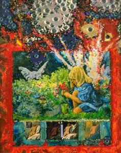 Watercolor of a blonde girl picking a flower aginst a bright red background by artist MC Churchill Nash.