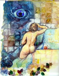 Watercolor of a woman facing away from us being watched by a giant blue eye by artist MC Churchill Nash.