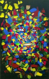 Acrylic painting of yellow red and blue dabs of paint forming a woman's face by artist Marlynn Rutenberg