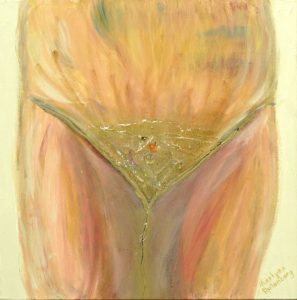 Painting of a woman's hip area behind a martinit glass by artist Marlynn Rutenberg.