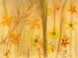 Watercolor of orange and red flowers against a yellow background by artist Phyllis Frye.