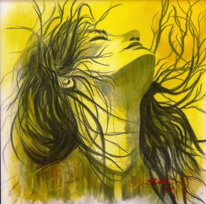 Acrylic and charcoal drawing of a woman rendered in black against an internse yellow background by Shelly Brown.
