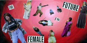 Acrylic painting and collage by Zoe-Leigh-Turner og collage cutouts of women against a red background.