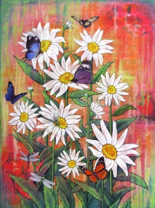 Mixed media painting of daisies and butterflies by Annie Sylling.