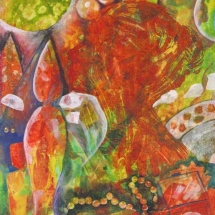 Abstracted red and green painting of beads, plates, and jewelry boxes by Dianne Garner.