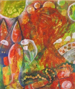 Abstracted red and green painting of beads, plates, and jewelry boxes by Dianne Garner.