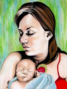 Pastel drawing of woman and baby by Annie Sylling.