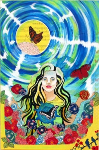 Woman and blue swirls with butterflies and roses by Annie Sylling.