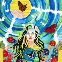 Woman and blue swirls with butterflies and roses by Annie Sylling.