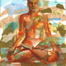 Collage and drawing of woman in meditation pose by Mary McCorkle.