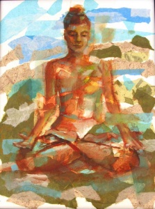 Collage and drawing of woman in meditation pose by Mary McCorkle.