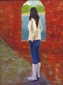 Woman looking through a window by Mary McCorkle.