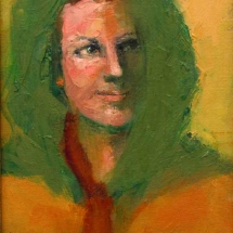 Portrait of woman painted with green hair by Mary McCorkle.