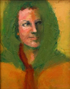 Portrait of woman painted with green hair by Mary McCorkle.