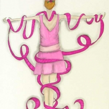 Color pencil drawing of woman in pink entwined by a pink ribbon by Terry Ratchford.