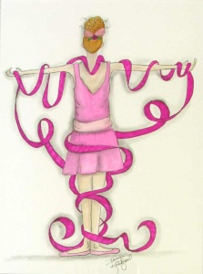 Color pencil drawing of woman in pink entwined by a pink ribbon by Terry Ratchford.
