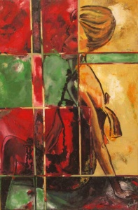 Abstract oil painting of seated woman by artist Varsha Pradhan.