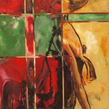 Abstract oil painting of seated woman by artist Varsha Pradhan.