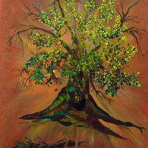 Acrylic painting of tree growing against a brown and radient background by Bertie McClain.