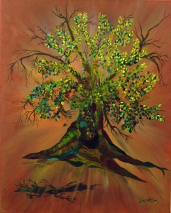 Acrylic painting of tree growing against a brown and radient background by Bertie McClain.